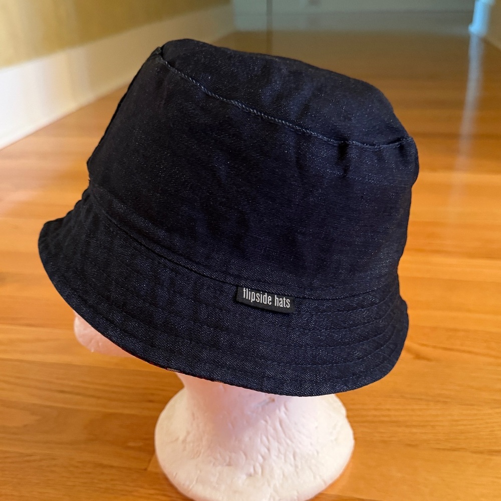 Flipside Hats Bucket Hat Reversible Denim and Polka Dot Maroon Blue Bucket Hat